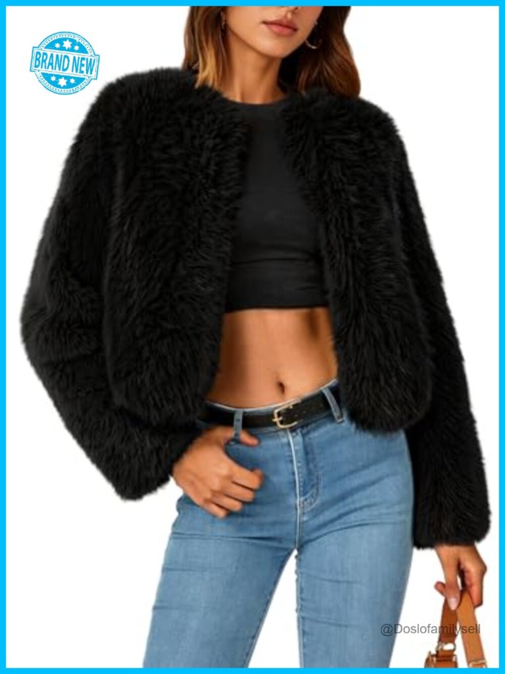 Women Faux Fur Cropped Jacket Fluffy Hook Closure Winter Coat